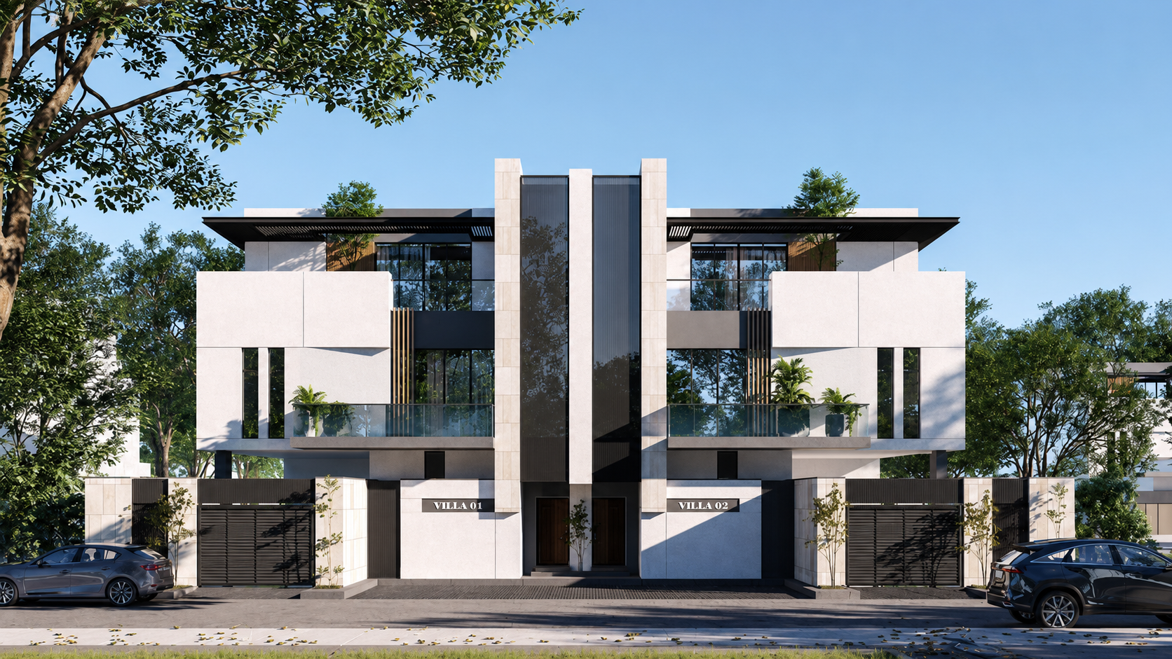 Featured architectural residence with warm facade lighting